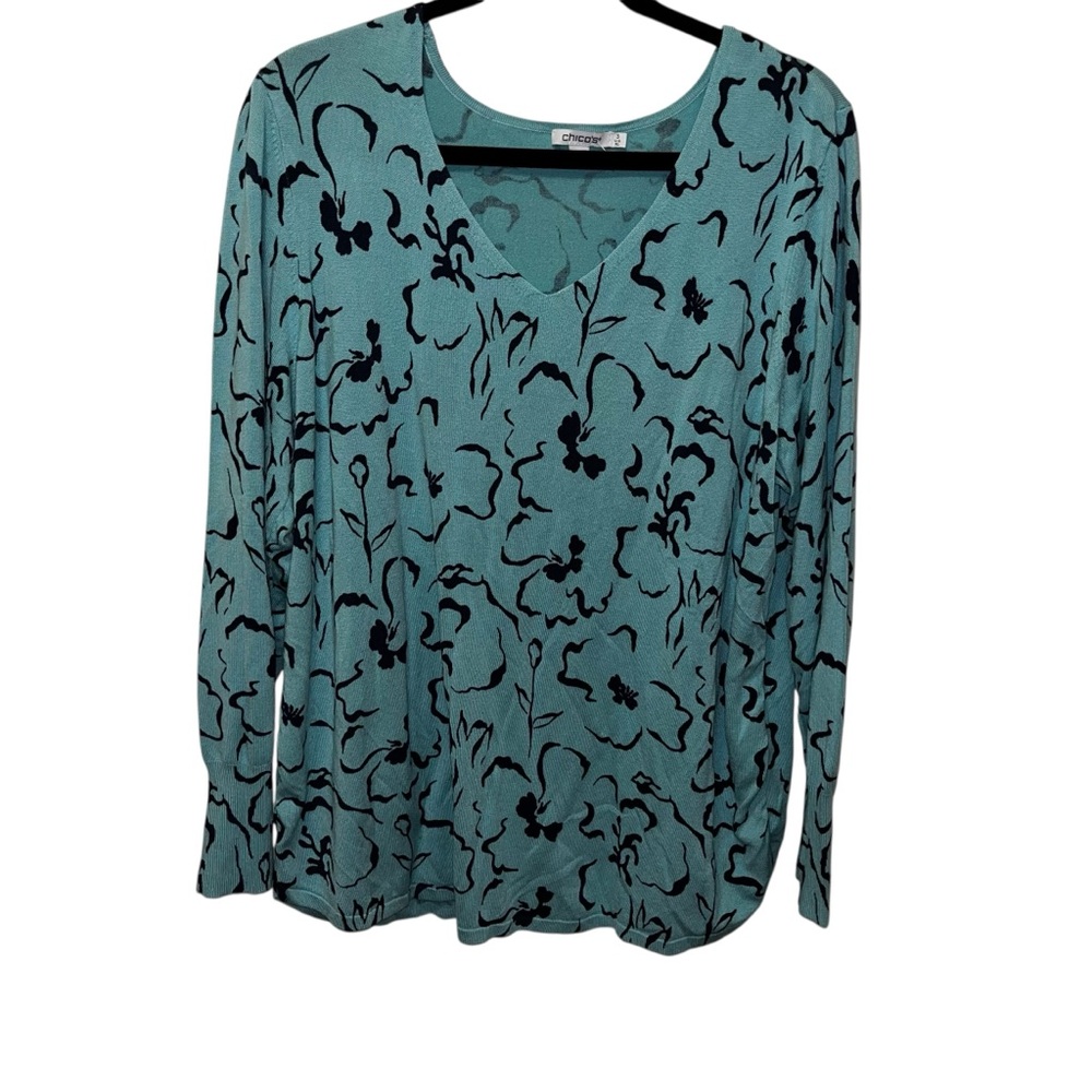 Chicos size 3 xl teal blue black swirl print lightweight sweater top blouse